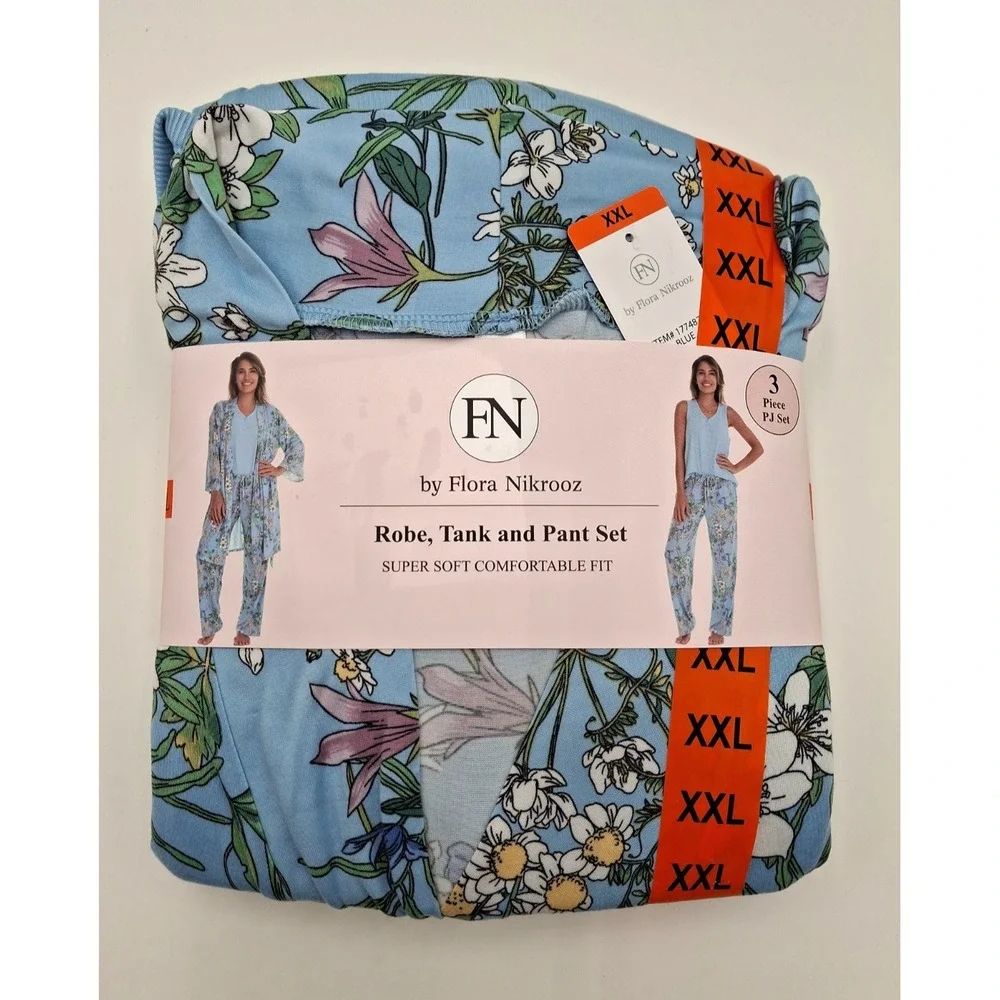 Flora Nikrooz Womens 3-Piece Pajama Set Blue Floral Robe Tank Pants 2XL New